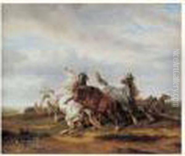 Combat De Chevaux Sauvages Oil Painting by Edouard Bernard Swebach