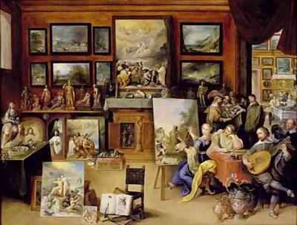 Pictura Poesis and Musica in a Pronkkamer Oil Painting by Frans the younger Francken