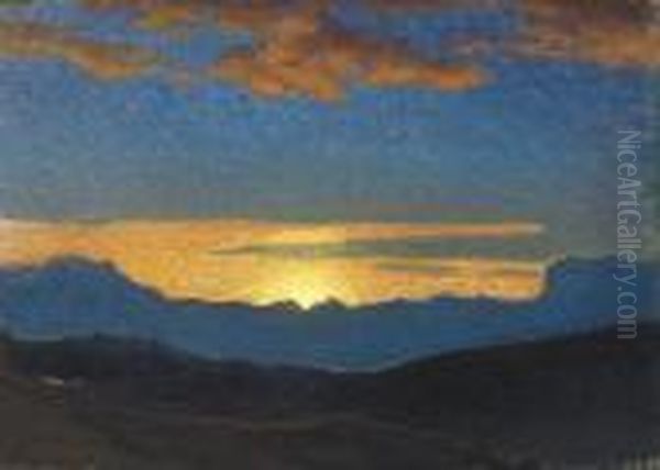 Solnedgang Over Bergen (sunset Over The Mountains) Oil Painting by Pelle Swedlund