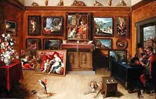 Picture Gallery with a Man of Science Making Measurements on a Globe Oil Painting by Frans the younger Francken