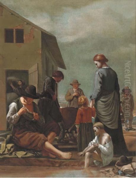 A Peasant Family With A Man Defleaing Himself Oil Painting by Michiel Sweerts