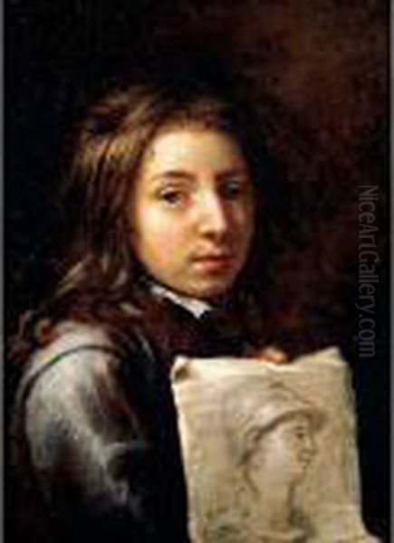 Portrait Of A Young Artist, Head And Shoulders, Holding A Drawing Possibly Of Minerva Oil Painting by Michiel Sweerts