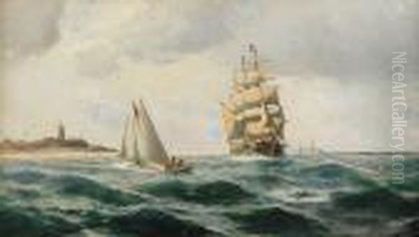 Marin Med Segelfartyg Vid Fyr Oil Painting by Christian Fredrik Swensson