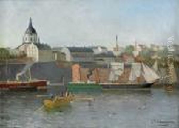 Utsikt Mot Sodermalm Med Katarina Kyrka I Fonden - Stockholm Oil Painting by Christian Fredrik Swensson