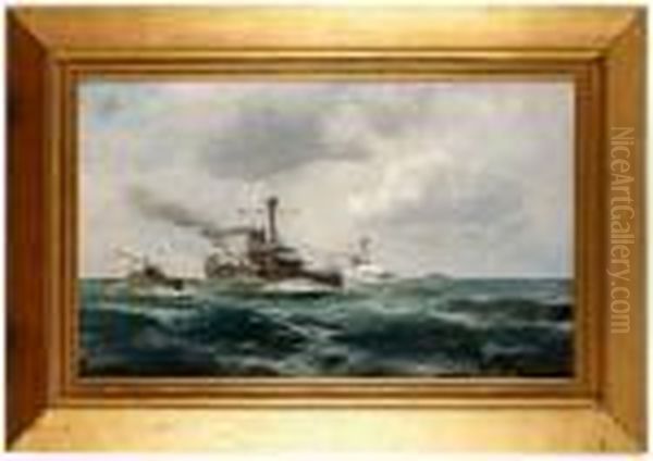 Pansarkryssare Med Unionsflagga Oil Painting by Christian Fredrik Swensson