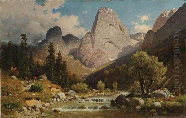 Para Wedrowcow Z Przewodnikiem W Alpach (pejzaz Z Gor Krolewskich W Tyrolu) Oil Painting by Aleksander Swieszewski