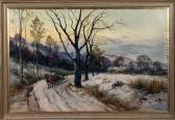 Winter Scene With Horsedrawn Carriage On Snow Covered Road,house In Distance Oil Painting by James Brade Sword