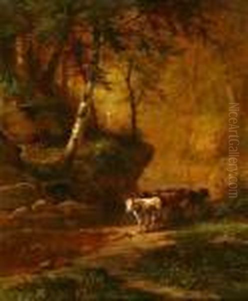 Cows By A Stream Oil Painting by James Brade Sword