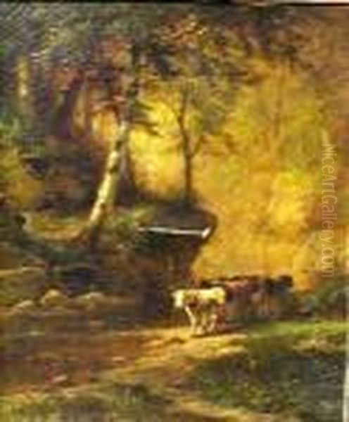 Cattle In A Wooded River Glade Oil Painting by James Brade Sword