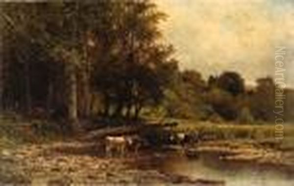 Cows Along The River Oil Painting by James Brade Sword