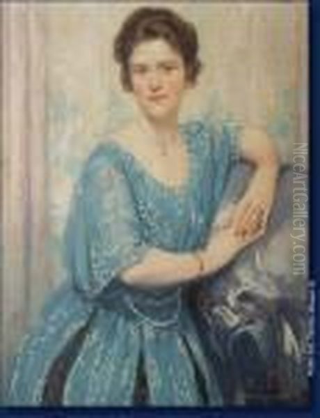 Portrait De Dame En Robe Bleue Oil Painting by Philippe Swyncop