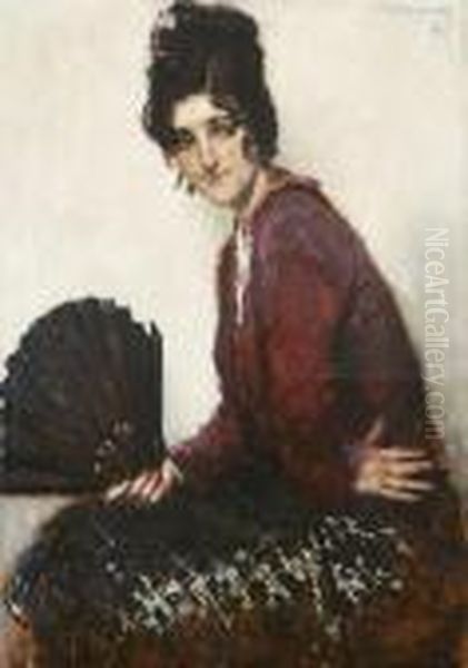 Portrait Of A Lady With Fan Oil Painting by Philippe Swyncop