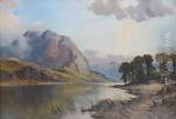 Lake Landscape With Cattle On A Track,possibly The Lake District Oil Painting by John Syer