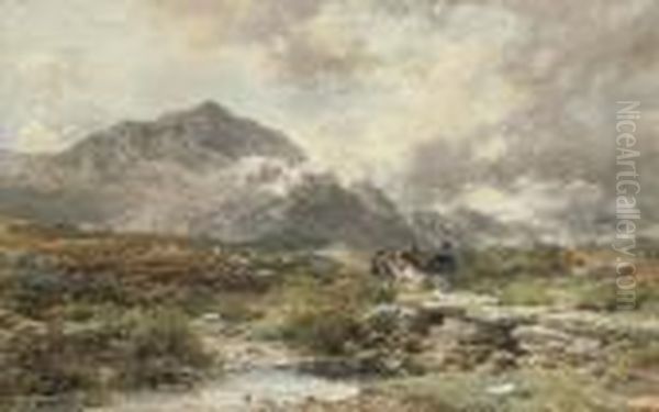 Figures Crossing A Bridge On A Windswept Moor Oil Painting by John Syer