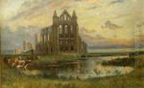 Whitby Abbey With Cattle Grazing Oil Painting by John Syer