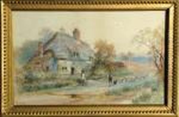 A Shepherd And Flock Passing A Thatched Cottage Oil Painting by John Syer