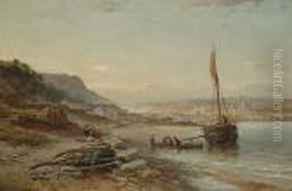 Unloading The Days Catch, A Coastal Town Beyond Oil Painting by John Syer