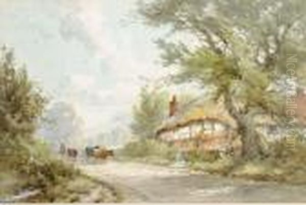 A Drover With Cattle By A Thatched Cottage Oil Painting by John Syer