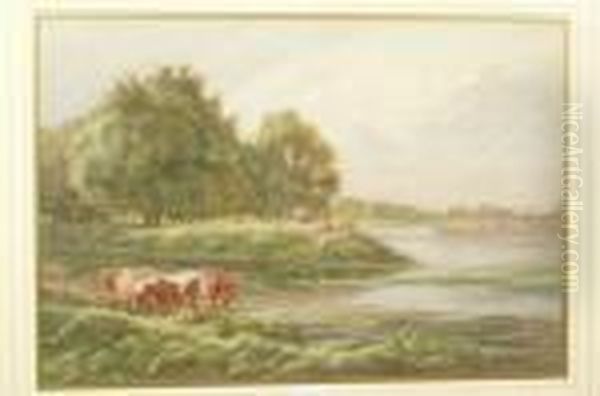 Cattle Watering In An Extensive Landscape Oil Painting by Henry Sykes