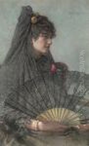 A Young Lady With A Fan Oil Painting by Henry Sykes