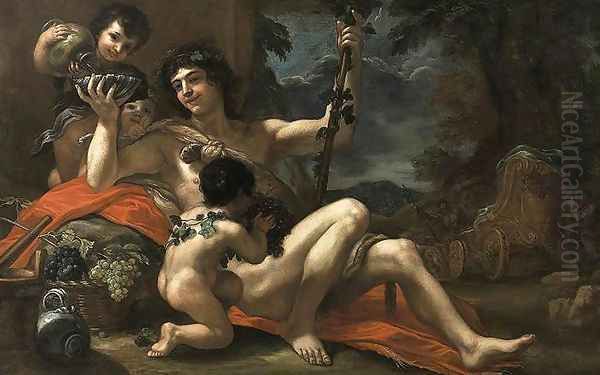 Bacchus with Attendant Putti c. 1670 Oil Painting by Baldassarre Franceschini