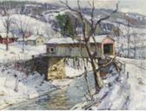 Covered Bridge In Winter Oil Painting by George Gardner Symons