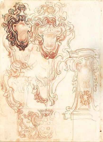 Six designs for pedestals, one bearing a bust Oil Painting by Baldassarre Franceschini