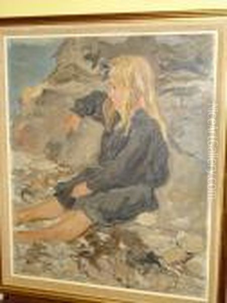 'bretagne Puerile', Study Of A 
Girl Seated On Rocks, Signed, Inscribed On Label On Reverse Oil Painting by Tancrede Synave