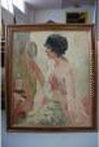 Dame Au Miroir Huile Sur Toile Signee En Bas A Gauche 73 X 60cm Oil Painting by Tancrede Synave