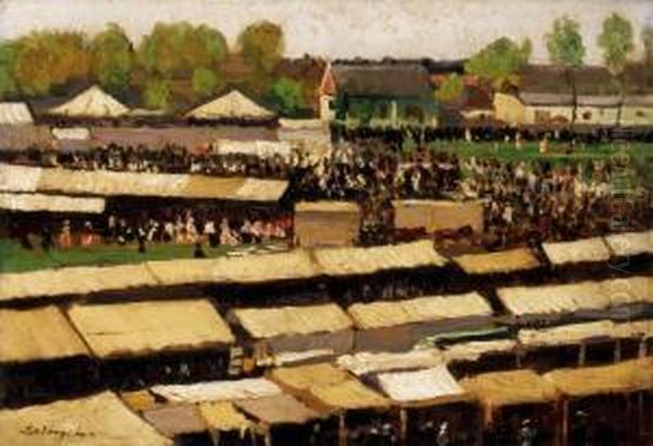 Market In Szolnok Oil Painting by Lajos Szlanyi