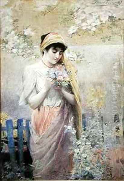 Study of a girl with a bouquet of flowers in a garden Oil Painting by Robert Fowler