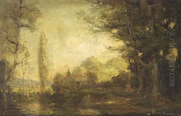 Figures by a river in a wooded landscape Oil Painting by Robert Fowler