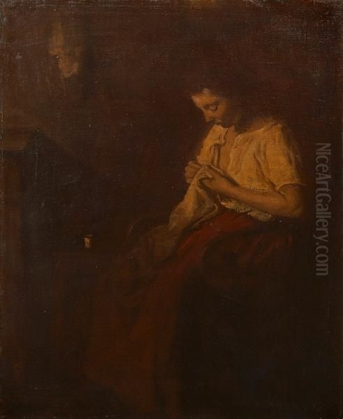 A Woman Sewing Oil Painting by Peter Szule