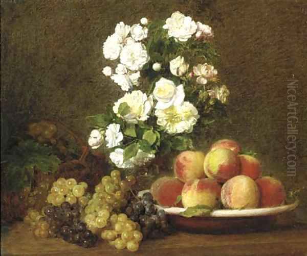 White roses in a vase with peaches and grapes on a table Oil Painting by Victoria Dubourg Fantin-Latour