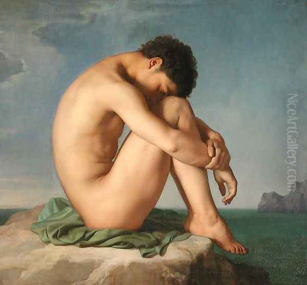 Jeune homme assis au bord de la mer (Young Man Sitting by the Seashore) Oil Painting by Jean Hippolyte Flandrin