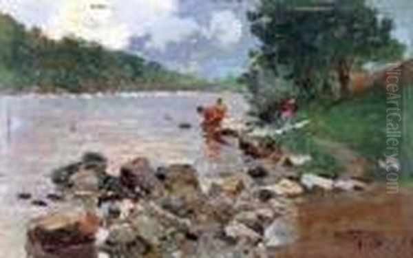 Lavandaie Al Fiume Oil Painting by Raffaele Tafuri