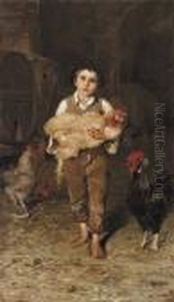 Bambino Con Galline Oil Painting by Raffaele Tafuri