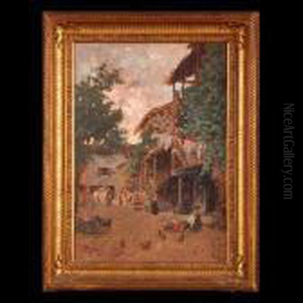 Italian Courtyard With Peasants And Animals Oil Painting by Raffaele Tafuri