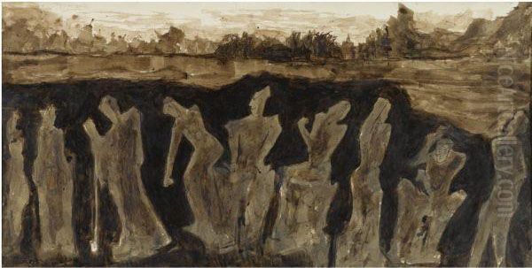 Untitled (figures In Sepia) Oil Painting by Rabindranath Tagore