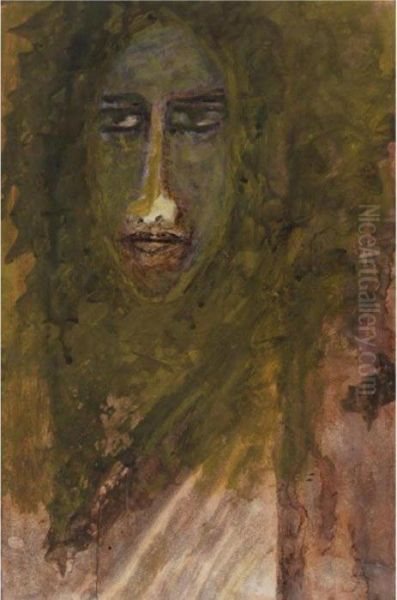 Head Of Woman Oil Painting by Rabindranath Tagore