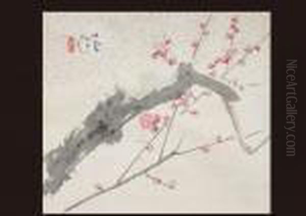 Red Plum Oil Painting by Seiho Takeuchi