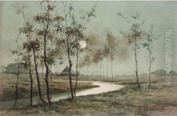 Moonlit Landscape Oil Painting by Seiho Takeuchi