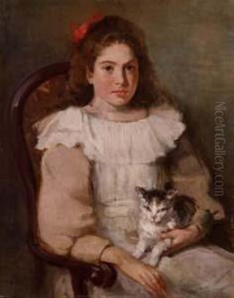 Fanciulla Con Gatto Oil Painting by Cesare Tallone