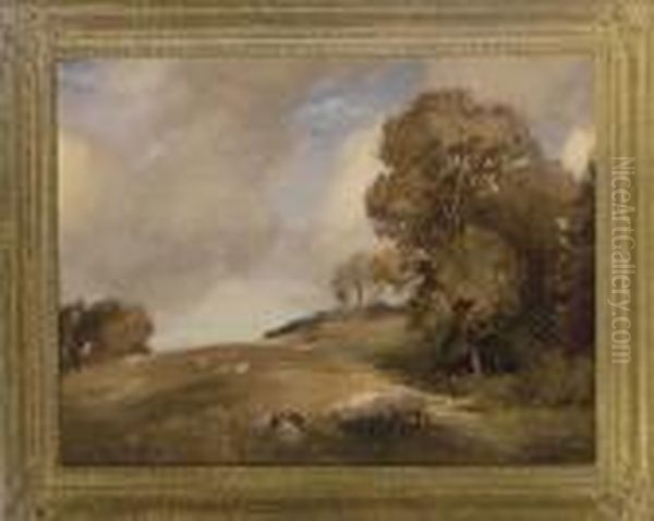 Sheep Grazing In An Autumnal Landscape Oil Painting by Algernon Talmage