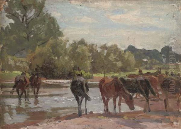 New Forest Ponies At Tyrell's Ford Oil Painting by Algernon Talmage