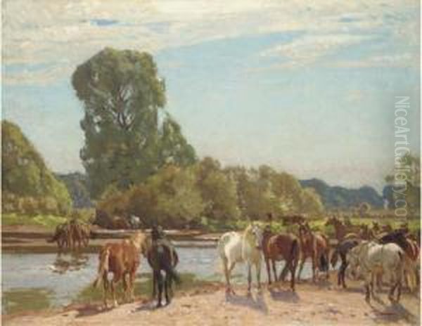 New Forest Ponies At Tyrrell's Ford Oil Painting by Algernon Talmage