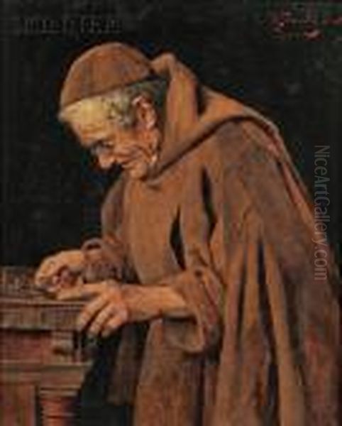 A Monk Counting Change Oil Painting by Arnaldo Tamburini