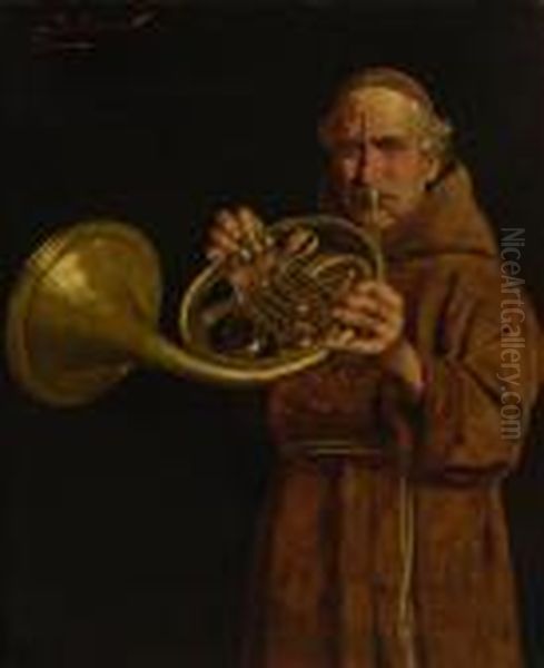 Monch, Das Horn Blasend. Oil Painting by Arnaldo Tamburini