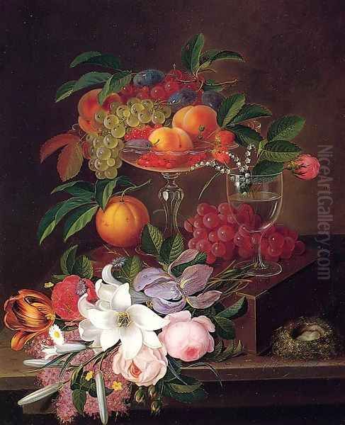 Still Life with Fruit, Flowers and Bird's Nest Oil Painting by George Forster