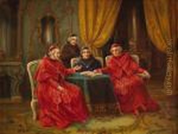 Cardinals At A Table Oil Painting by Arnaldo Tamburini